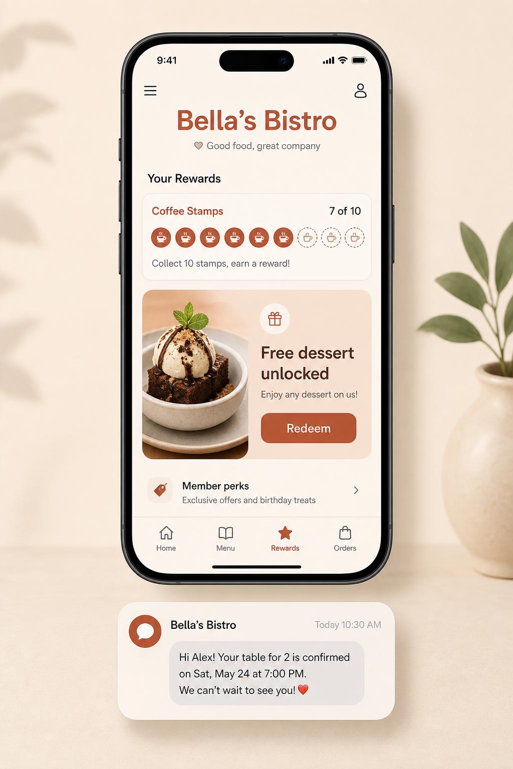 RushReady loyalty mobile app showing a guest's coffee stamps and an unlocked free dessert reward